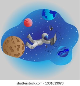 
Astronaut in the open space among the planets behind the computer