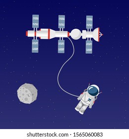 Astronaut in open space flat vector illustration. Cosmonaut in spacesuit cartoon character. Space exploration. Planet observation satellite on blue background. Flying spacecraft in universe