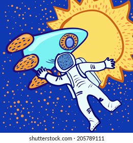 astronaut in open space near his rocket