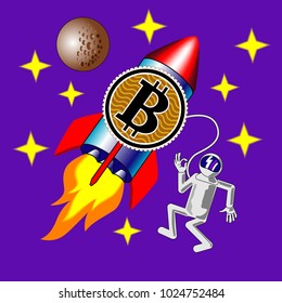 The astronaut in open space next to the rocket in the form of a bitcoin symbol. Vector illustration.