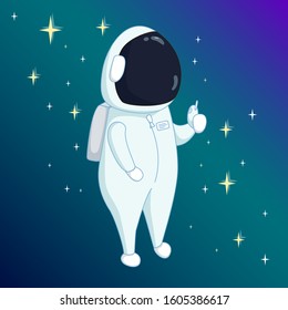 Astronaut In The Open Space With Shining Stars Behind Him. Vector Illustration In Cute Cartoon Style