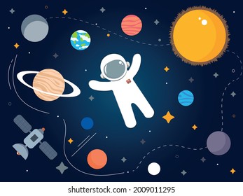 Astronaut in open space in a spacesuit. There are many different planets around. Satellite, astronaut, planets and stars