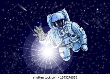 Astronaut in open space stretching to the star, stars and comets behind. Hand drawn vector illustration. Poster. concept, magazine.