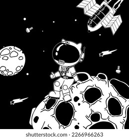 Astronaut in the open space. UFOs, spaceships, rockets. Solar system, Intergalactic travel. Galaxies, planets, asteroids, comets, shooting stars. Black and white illustration. Vector.