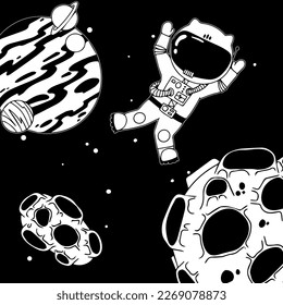 Astronaut in the open space. UFOs, spaceships, rockets. Solar system, Intergalactic travel. Galaxies, planets, asteroids, comets, shooting stars. Black and white illustration. Vector.