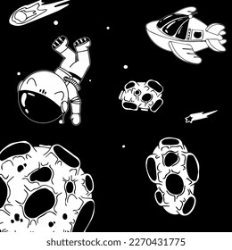 Astronaut in the open space. UFOs, spaceships, rockets. Solar system, Intergalactic travel. Galaxies, planets, asteroids, comets, shooting stars. Black and white illustration. Vector.