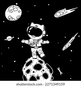 Astronaut in the open space. UFOs, spaceships, rockets. Solar system, Intergalactic travel. Galaxies, planets, asteroids, comets, shooting stars. Black and white illustration. Vector.