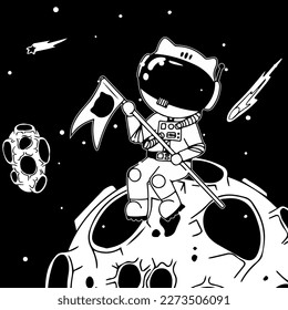 Astronaut in the open space. UFOs, spaceships, rockets. Solar system, Intergalactic travel. Galaxies, planets, asteroids, comets, shooting stars. Black and white illustration. Vector.