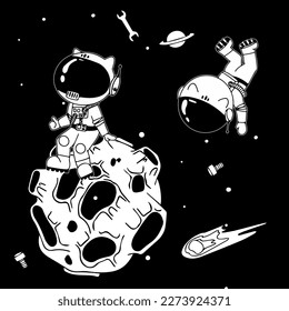 Astronaut in the open space. UFOs, spaceships, rockets. Solar system, Intergalactic travel. Galaxies, planets, asteroids, comets, shooting stars. Black and white illustration. Vector.