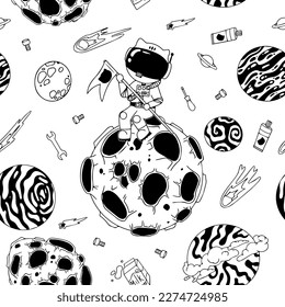 Astronaut in the open space. UFOs, spaceships, rockets. Solar system, Intergalactic travel. Galaxies, planets, asteroids, comets, shooting stars. Black and white pattern. Vector.