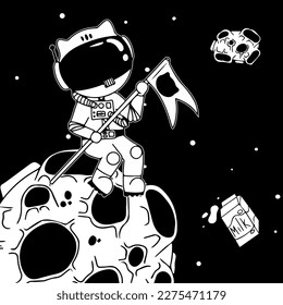 Astronaut in the open space. UFOs, spaceships, rockets. Solar system, Intergalactic travel. Galaxies, planets, asteroids, comets, shooting stars. Black and white illustration. Vector.