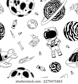 Astronaut in the open space. UFOs, spaceships, rockets. Solar system, Intergalactic travel. Galaxies, planets, asteroids, comets, shooting stars. Black and white pattern. Vector.