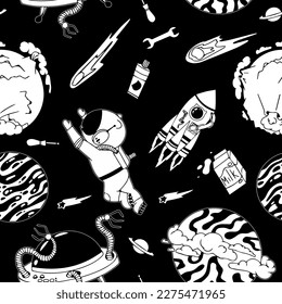 Astronaut in the open space. UFOs, spaceships, rockets. Solar system, Intergalactic travel. Galaxies, planets, asteroids, comets, shooting stars. Black and white pattern. Vector.