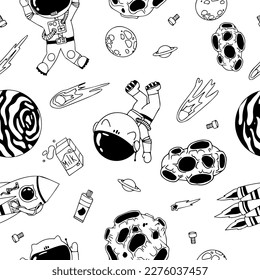 Astronaut in the open space. UFOs, spaceships, rockets. Solar system, Intergalactic travel. Galaxies, planets, asteroids, comets, shooting stars. Black and white pattern. Vector.