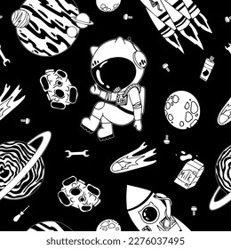 Astronaut in the open space. UFOs, spaceships, rockets. Solar system, Intergalactic travel. Galaxies, planets, asteroids, comets, shooting stars. Black and white pattern. Vector.