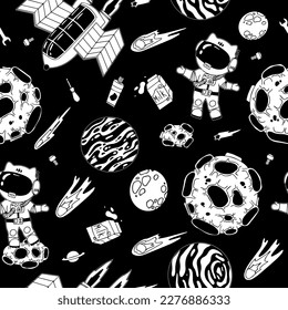 Astronaut in the open space. UFOs, spaceships, rockets. Solar system, Intergalactic travel. Galaxies, planets, asteroids, comets, shooting stars. Black and white pattern. Vector.