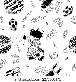 Astronaut in the open space. UFOs, spaceships, rockets. Solar system, Intergalactic travel. Galaxies, planets, asteroids, comets, shooting stars. Black and white pattern. Vector.