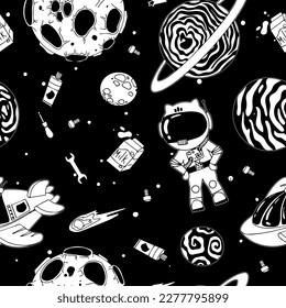 Astronaut in the open space. UFOs, spaceships, rockets. Solar system, Intergalactic travel. Galaxies, planets, asteroids, comets, shooting stars. Black and white pattern. Vector.