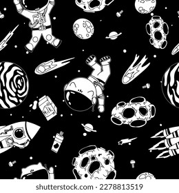 Astronaut in the open space. UFOs, spaceships, rockets. Solar system, Intergalactic travel. Galaxies, planets, asteroids, comets, shooting stars. Black and white pattern. Vector.