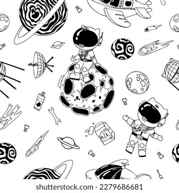 Astronaut in the open space. UFOs, spaceships, rockets. Solar system, Intergalactic travel. Galaxies, planets, asteroids, comets, shooting stars. Black and white pattern. Vector.