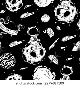 Astronaut in the open space. UFOs, spaceships, rockets. Solar system, Intergalactic travel. Galaxies, planets, asteroids, comets, shooting stars. Black and white pattern. Vector.