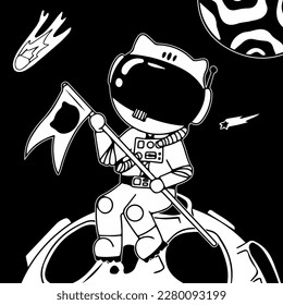 Astronaut in the open space. UFOs, spaceships, rockets. Solar system, Intergalactic travel. Galaxies, planets, asteroids, comets, shooting stars. Black and white illustration. Vector.