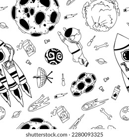 Astronaut in the open space. UFOs, spaceships, rockets. Solar system, Intergalactic travel. Galaxies, planets, asteroids, comets, shooting stars. Black and white pattern. Vector.