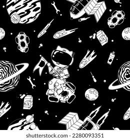 Astronaut in the open space. UFOs, spaceships, rockets. Solar system, Intergalactic travel. Galaxies, planets, asteroids, comets, shooting stars. Black and white pattern. Vector.