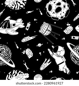 Astronaut in the open space. UFOs, spaceships, rockets. Solar system, Intergalactic travel. Galaxies, planets, asteroids, comets, shooting stars. Black and white pattern. Vector.