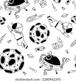 Astronaut in the open space. UFOs, spaceships, rockets. Solar system, Intergalactic travel. Galaxies, planets, asteroids, comets, shooting stars. Black and white pattern. Vector.