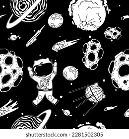 Astronaut in the open space. UFOs, spaceships, rockets. Solar system, Intergalactic travel. Galaxies, planets, asteroids, comets, shooting stars. Black and white pattern. Vector.