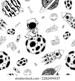 Astronaut in the open space. UFOs, spaceships, rockets. Solar system, Intergalactic travel. Galaxies, planets, asteroids, comets, shooting stars. Black and white pattern. Vector.