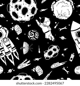 Astronaut in the open space. UFOs, spaceships, rockets. Solar system, Intergalactic travel. Galaxies, planets, asteroids, comets, shooting stars. Black and white pattern. Vector.