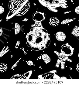 Astronaut in the open space. UFOs, spaceships, rockets. Solar system, Intergalactic travel. Galaxies, planets, asteroids, comets, shooting stars. Black and white pattern. Vector.