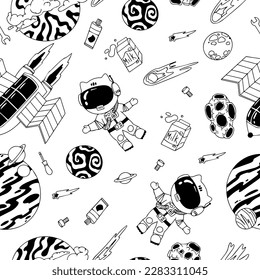 Astronaut in the open space. UFOs, spaceships, rockets. Solar system, Intergalactic travel. Galaxies, planets, asteroids, comets, shooting stars. Black and white pattern. Vector.