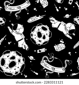 Astronaut in the open space. UFOs, spaceships, rockets. Solar system, Intergalactic travel. Galaxies, planets, asteroids, comets, shooting stars. Black and white pattern. Vector.