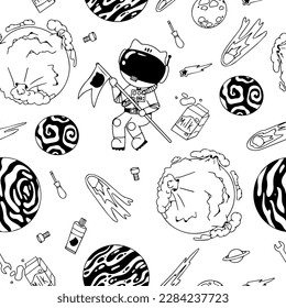 Astronaut in the open space. UFOs, spaceships, rockets. Solar system, Intergalactic travel. Galaxies, planets, asteroids, comets, shooting stars. Black and white pattern. Vector.