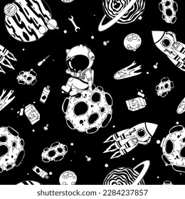 Astronaut in the open space. UFOs, spaceships, rockets. Solar system, Intergalactic travel. Galaxies, planets, asteroids, comets, shooting stars. Black and white pattern. Vector.