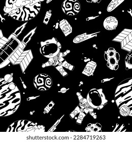 Astronaut in the open space. UFOs, spaceships, rockets. Solar system, Intergalactic travel. Galaxies, planets, asteroids, comets, shooting stars. Black and white pattern. Vector.