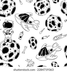 Astronaut in the open space. UFOs, spaceships, rockets. Solar system, Intergalactic travel. Galaxies, planets, asteroids, comets, shooting stars. Black and white pattern. Vector.