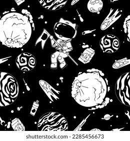 Astronaut in the open space. UFOs, spaceships, rockets. Solar system, Intergalactic travel. Galaxies, planets, asteroids, comets, shooting stars. Black and white pattern. Vector.