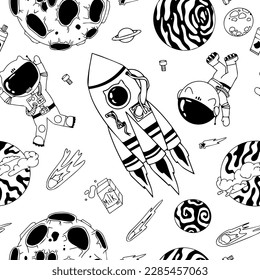 Astronaut in the open space. UFOs, spaceships, rockets. Solar system, Intergalactic travel. Galaxies, planets, asteroids, comets, shooting stars. Black and white pattern. Vector.