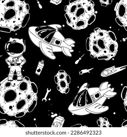 Astronaut in the open space. UFOs, spaceships, rockets. Solar system, Intergalactic travel. Galaxies, planets, asteroids, comets, shooting stars. Black and white pattern. Vector.