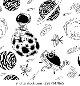 Astronaut in the open space. UFOs, spaceships, rockets. Solar system, Intergalactic travel. Galaxies, planets, asteroids, comets, shooting stars. Black and white pattern. Vector.