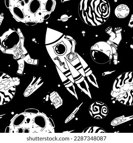 Astronaut in the open space. UFOs, spaceships, rockets. Solar system, Intergalactic travel. Galaxies, planets, asteroids, comets, shooting stars. Black and white pattern. Vector.