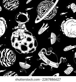 Astronaut in the open space. UFOs, spaceships, rockets. Solar system, Intergalactic travel. Galaxies, planets, asteroids, comets, shooting stars. Black and white pattern. Vector.