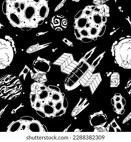 Astronaut in the open space. UFOs, spaceships, rockets. Solar system, Intergalactic travel. Galaxies, planets, asteroids, comets, shooting stars. Black and white pattern. Vector.