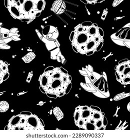 Astronaut in the open space. UFOs, spaceships, rockets. Solar system, Intergalactic travel. Galaxies, planets, asteroids, comets, shooting stars. Black and white pattern. Vector.