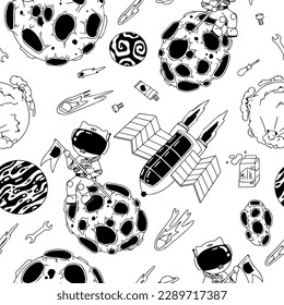 Astronaut in the open space. UFOs, spaceships, rockets. Solar system, Intergalactic travel. Galaxies, planets, asteroids, comets, shooting stars. Black and white pattern. Vector.