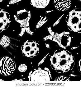 Astronaut in the open space. UFOs, spaceships, rockets. Solar system, Intergalactic travel. Galaxies, planets, asteroids, comets, shooting stars. Black and white pattern. Vector.